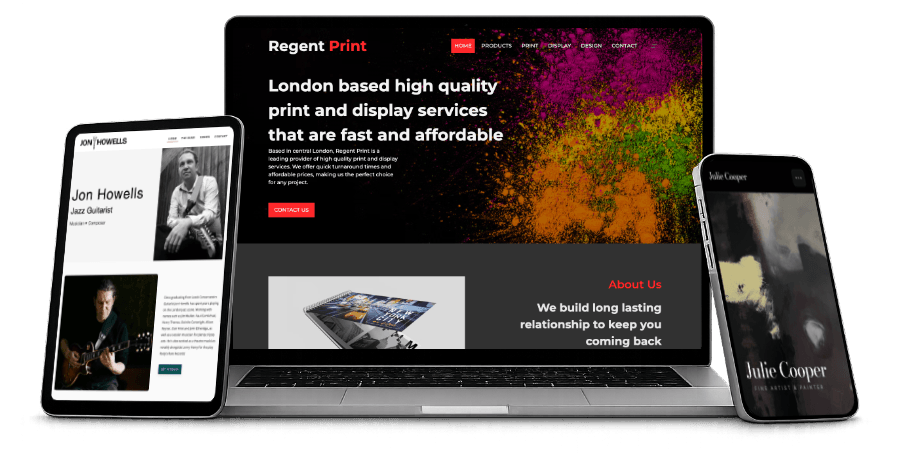 Portfolio of websites shown on laptop, tablet and phone